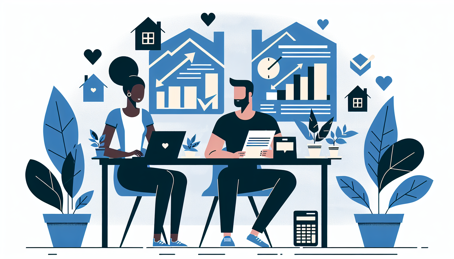 Couple amical examinant des documents financiers pour planifier leur mise de fonds.