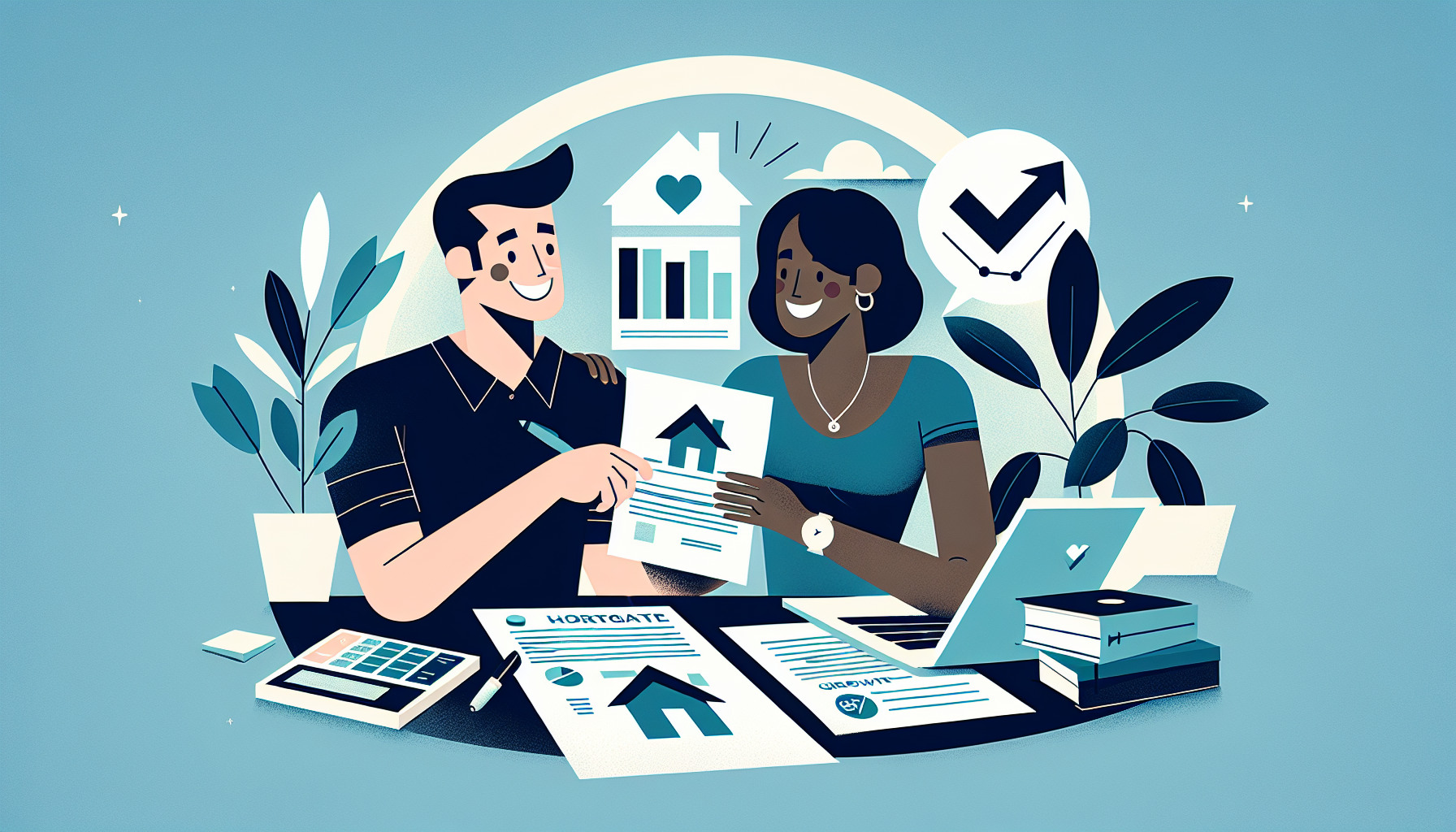 Jeune couple examinant des documents hypothécaires avec un ordinateur portable affichant un graphique ascendant.