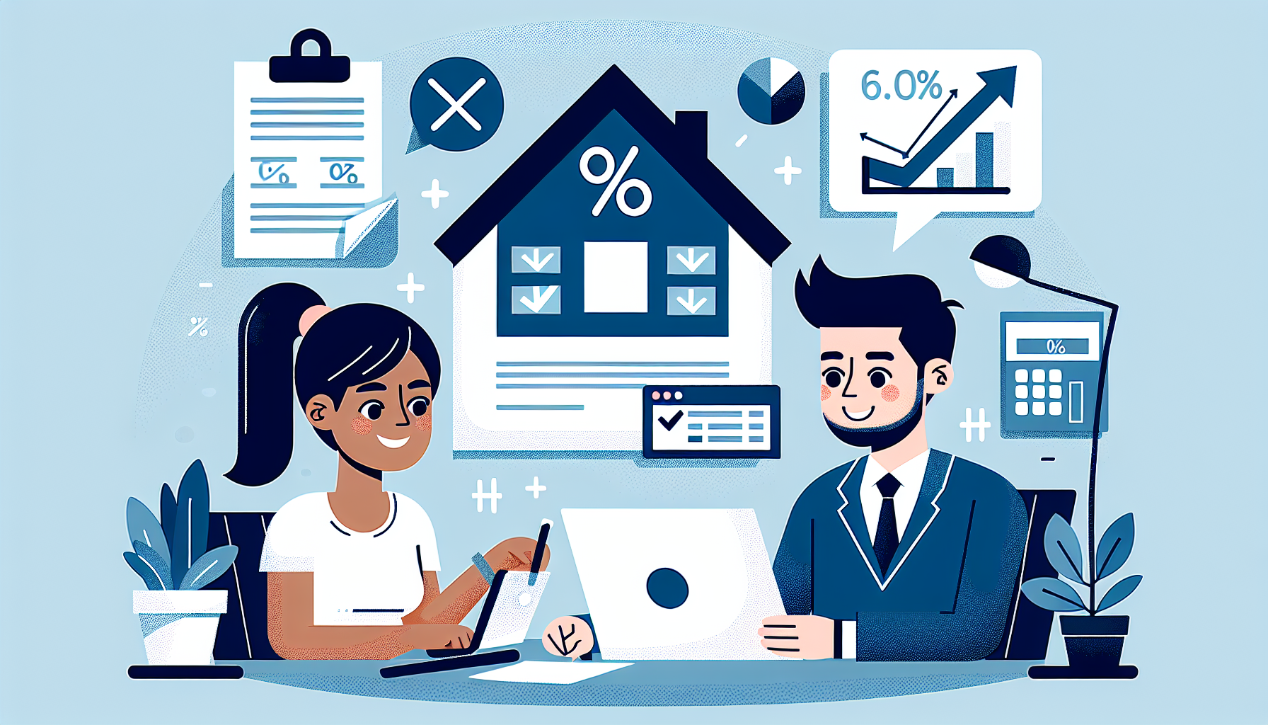 Couple jeune examinant des documents hypothécaires avec un ordinateur portable et une maison stylisée en arrière-plan