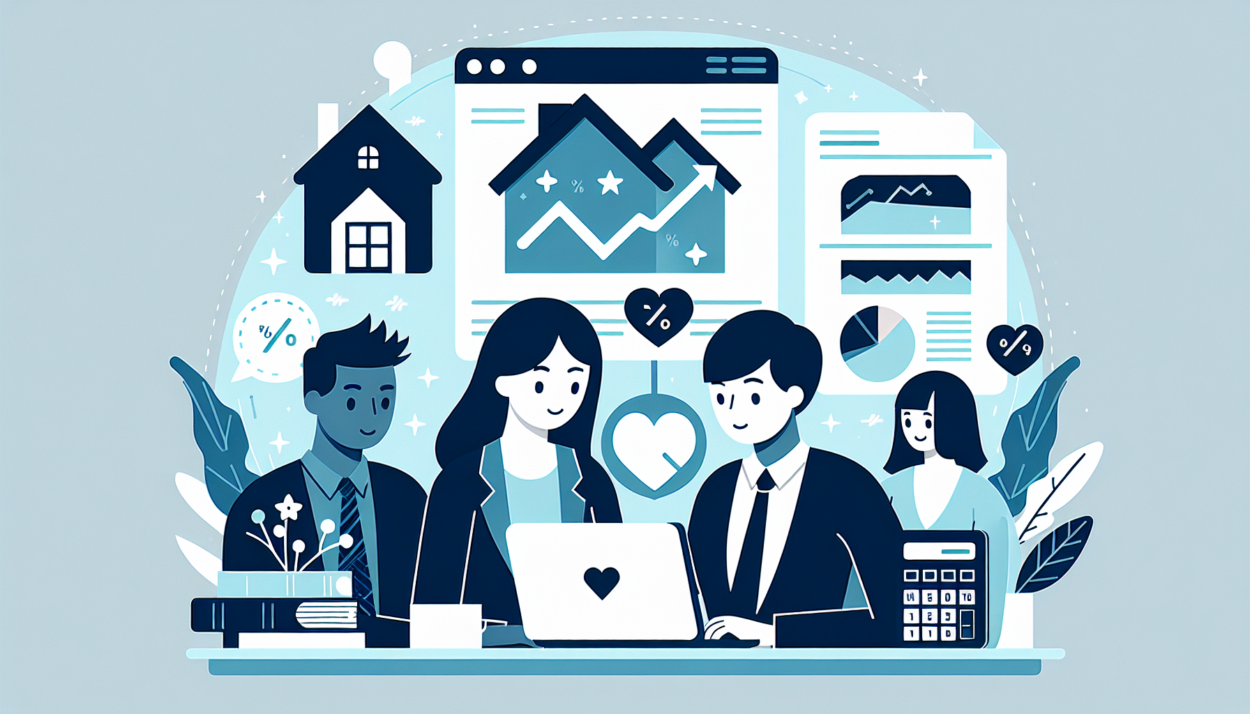 Illustration de personnages divers examinant des documents hypothécaires avec un conseiller financier.