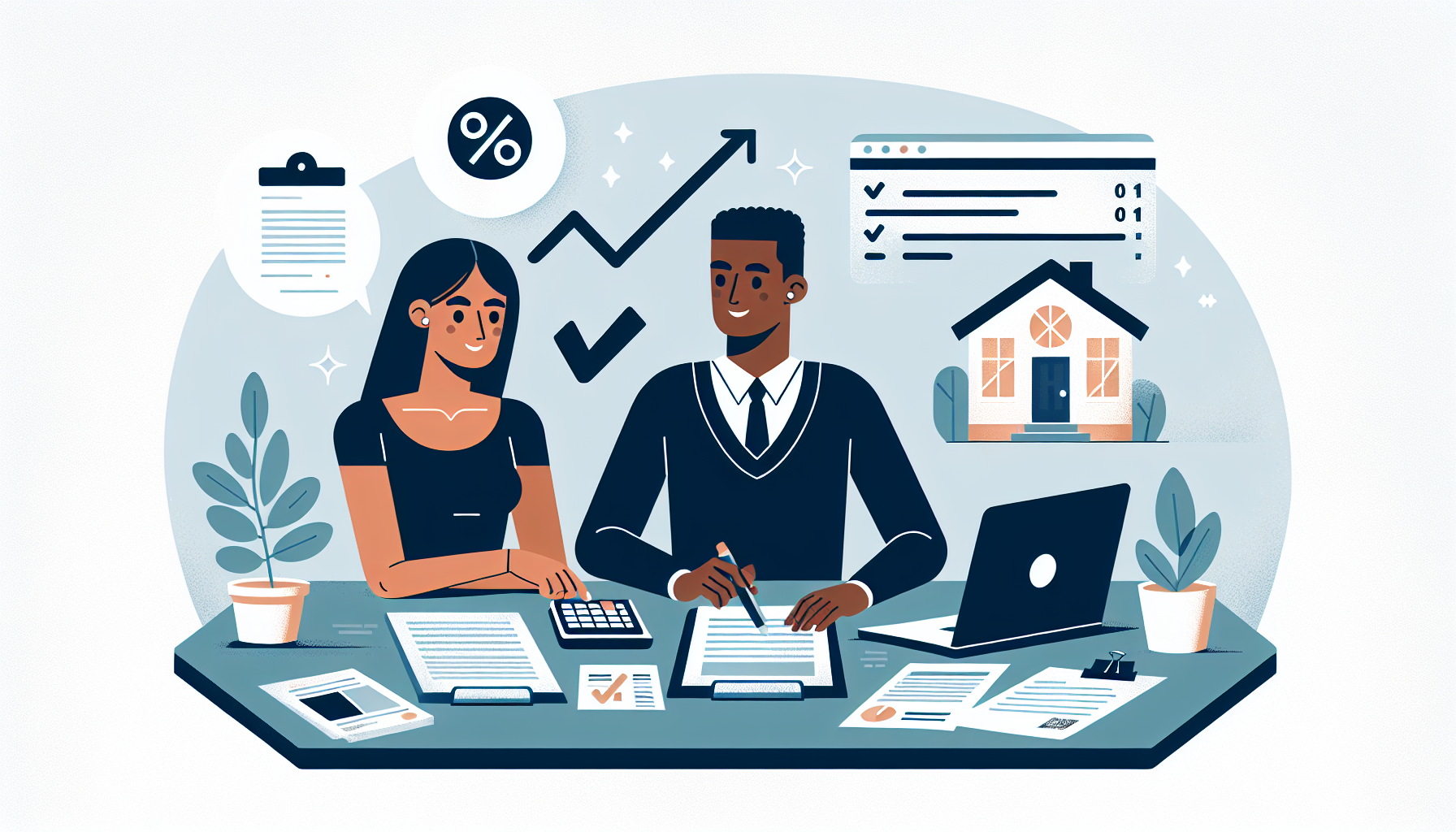 Couple divers révisant des documents hypothécaires à une table avec un calculateur.