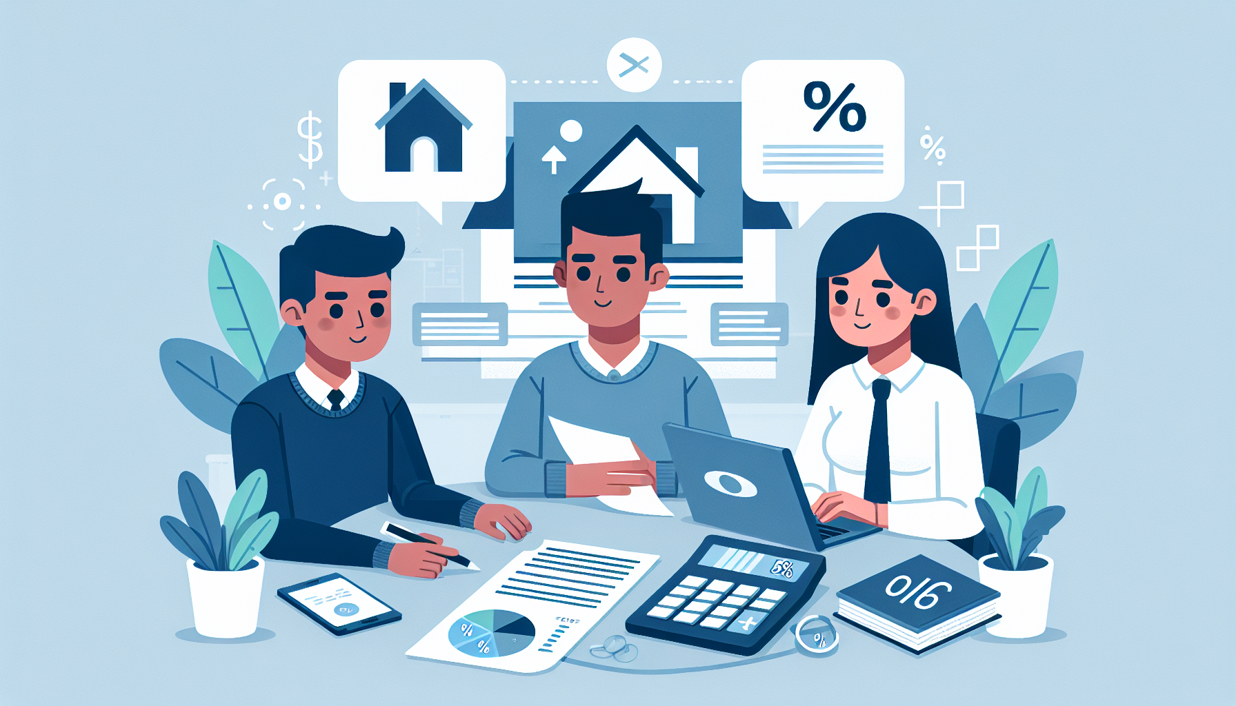 Illustration de personnages divers discutant des options de mise de fonds pour l'achat d'une maison.