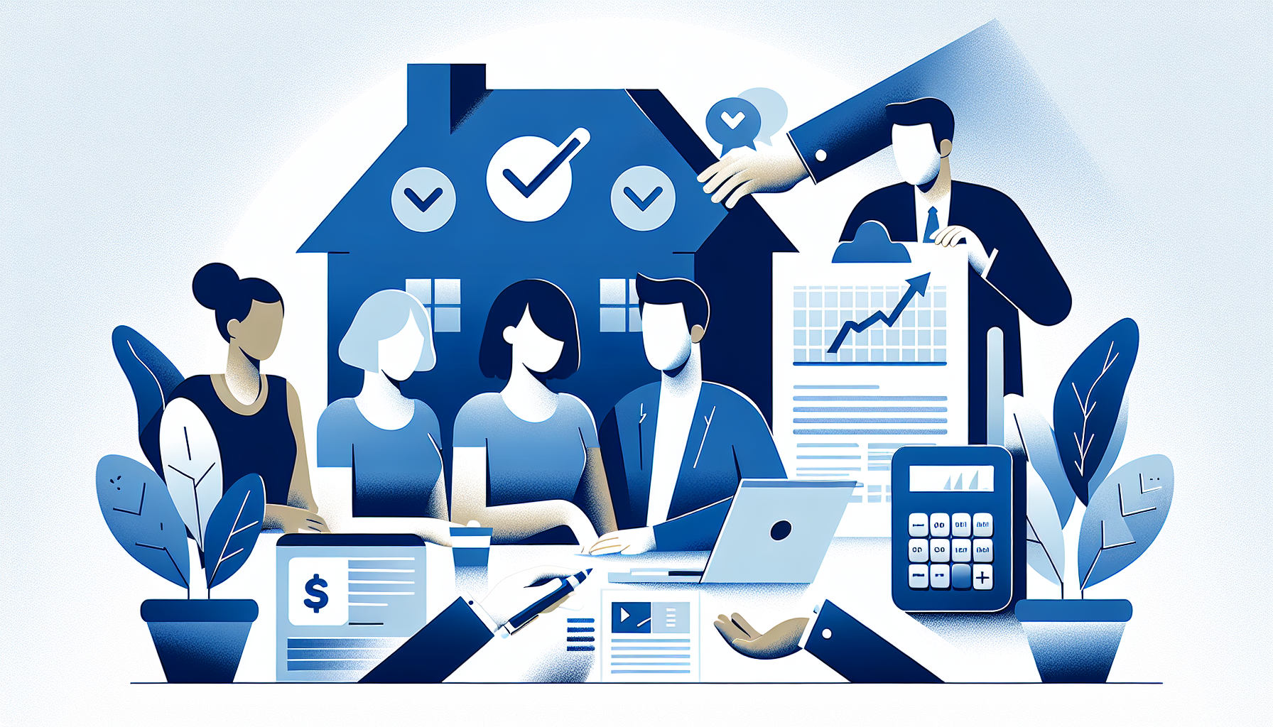 Illustration d'un groupe de personnages discutant de documents hypothécaires autour d'une table avec un ordinateur portable.