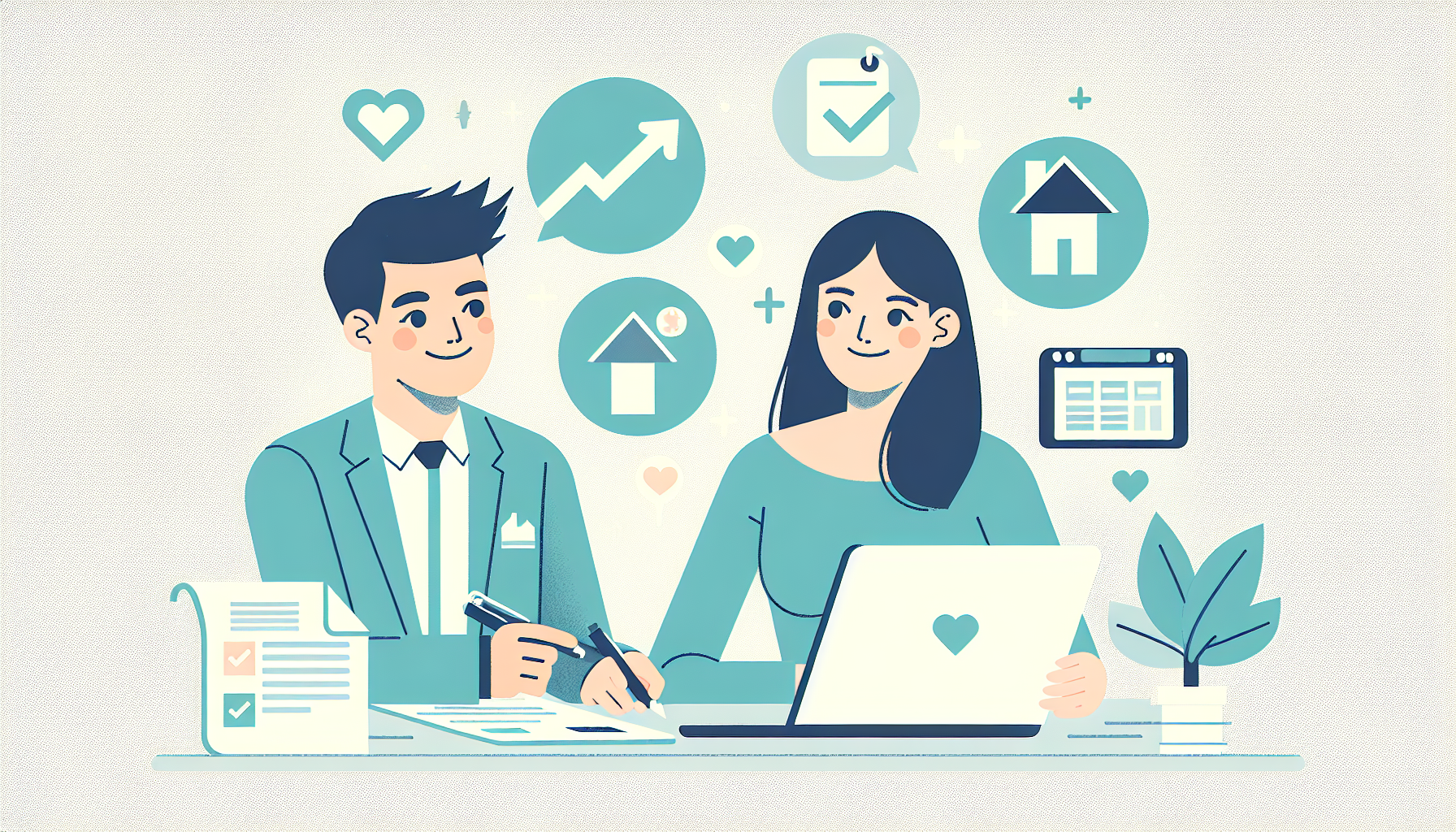 Couple diversifié planifiant l'achat de leur première maison avec un ordinateur portable et des documents financiers.