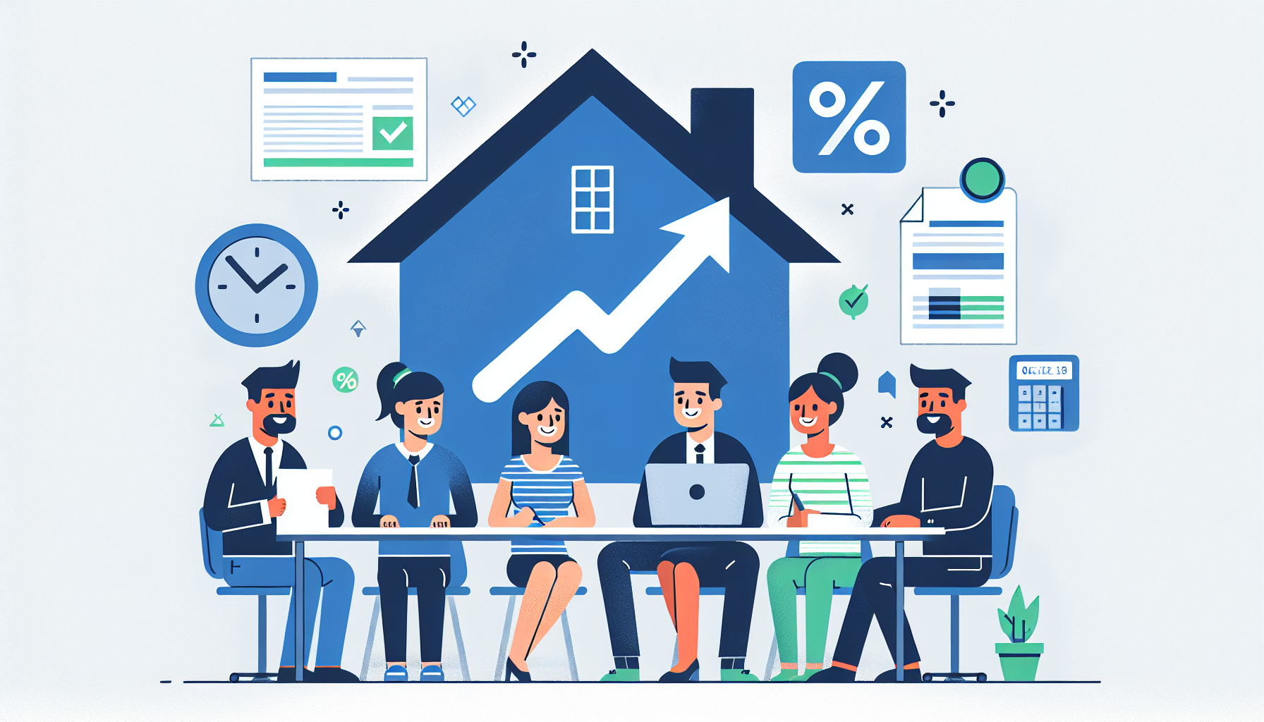 Groupe diversifié de jeunes adultes examinant des documents de refinancement hypothécaire autour d'une table.