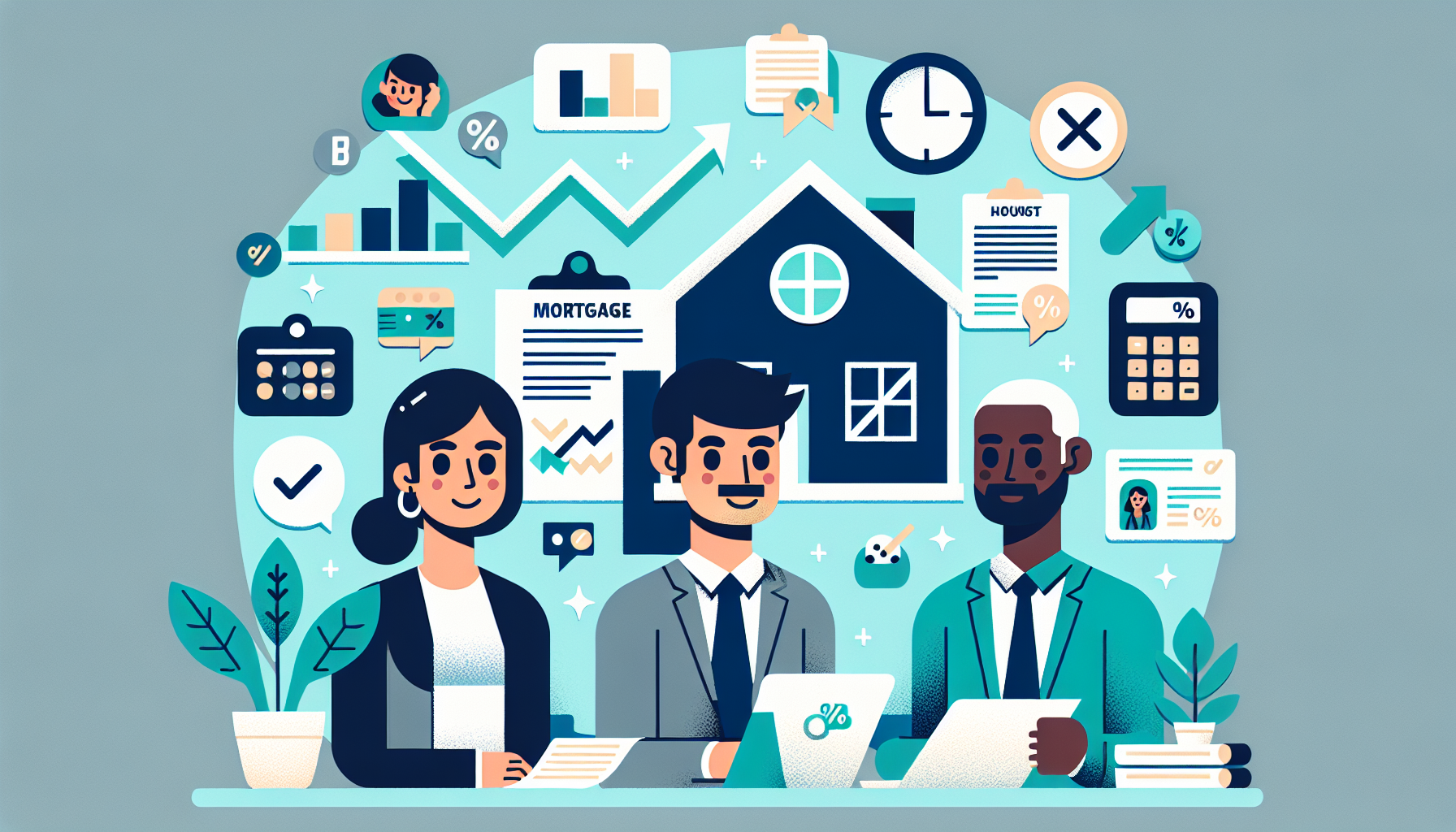 Illustration d'un groupe diversifié discutant de documents hypothécaires autour d'une table avec un ordinateur portable.