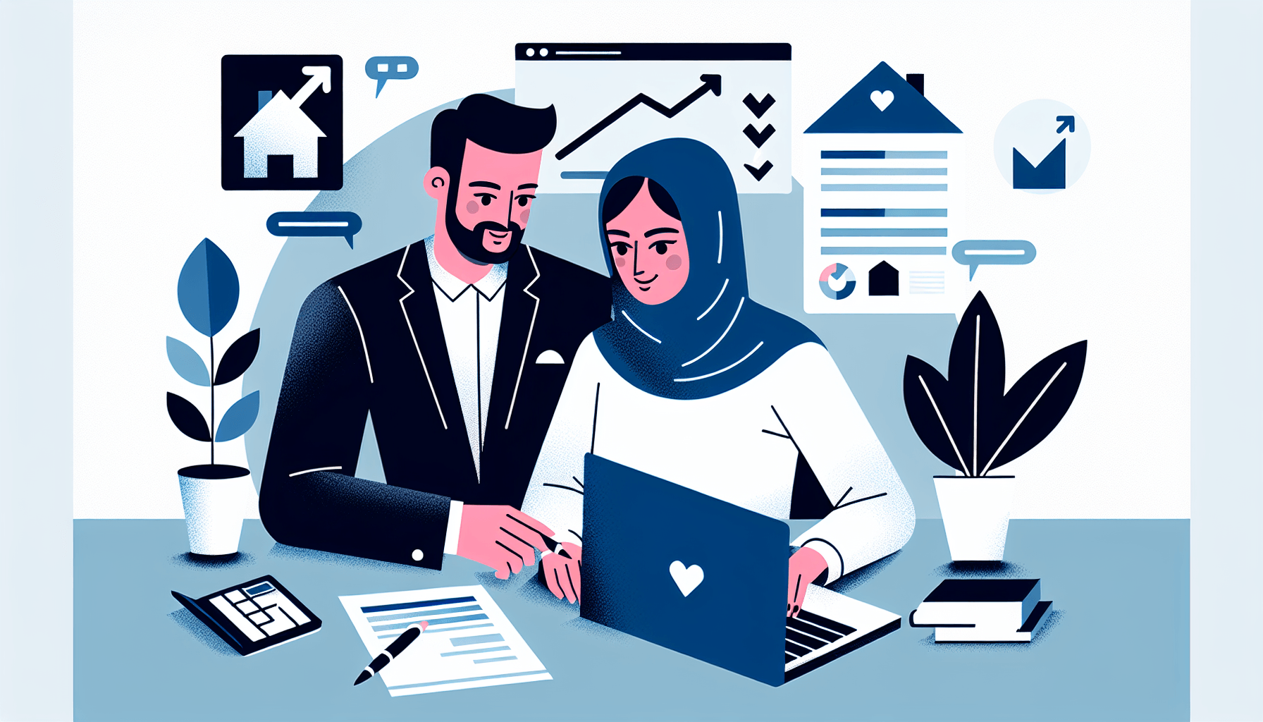 Un couple diversifié examinant des documents hypothécaires avec un ordinateur portable affichant un graphique de tendance