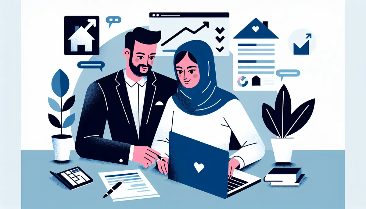 Un couple diversifié examinant des documents hypothécaires avec un ordinateur portable affichant un graphique de tendance