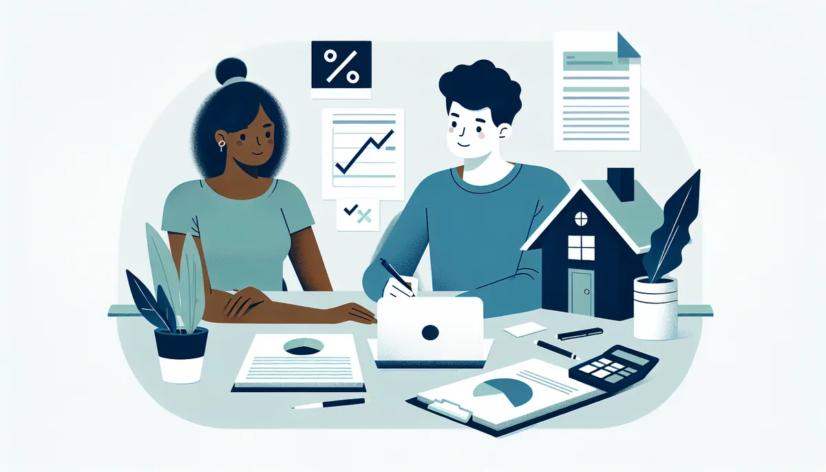 Un couple diversifié examinant des documents hypothécaires avec un ordinateur portable montrant un graphique financier, icône de maison stylisée avec symbole de pourcentage.