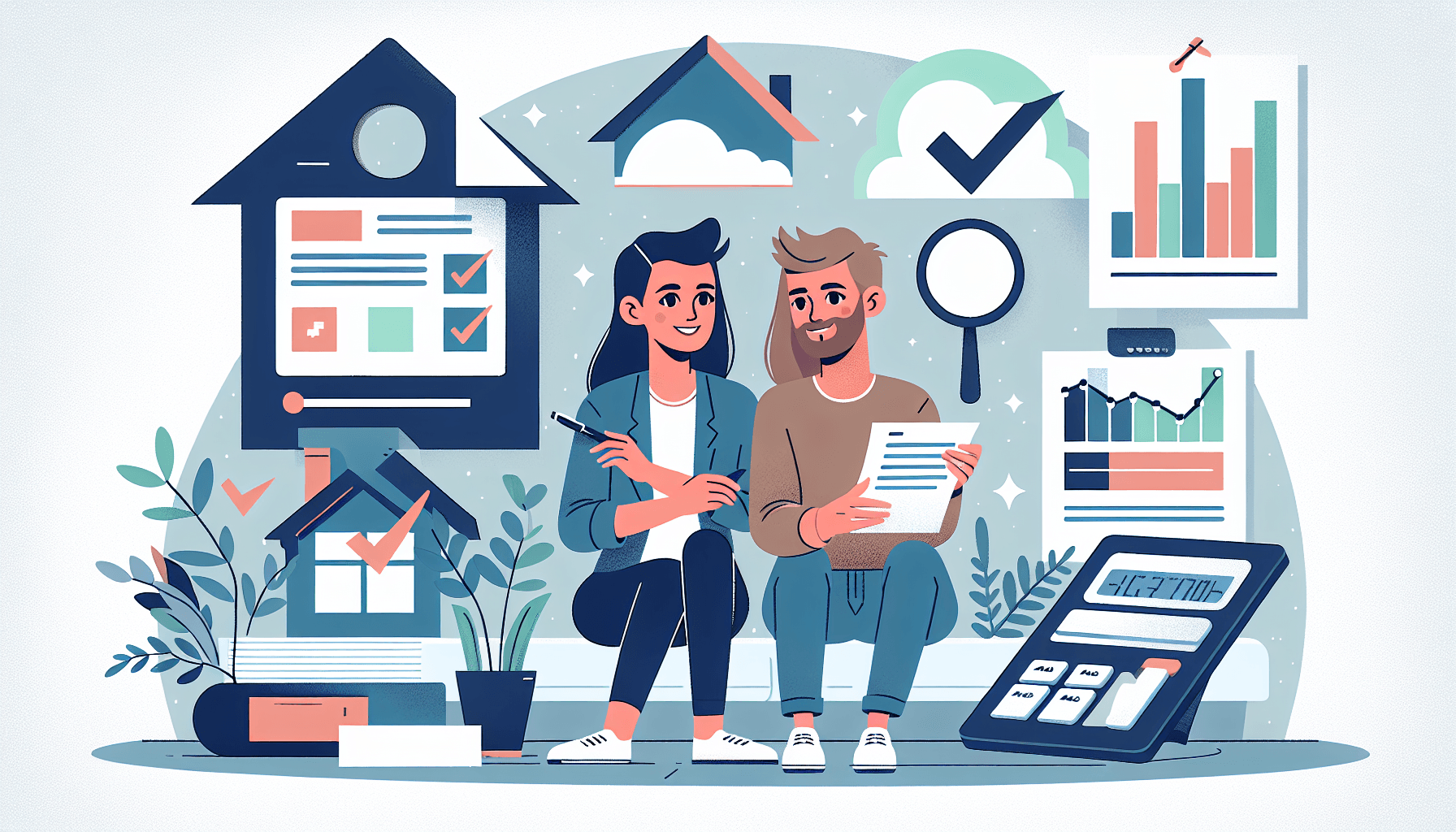 Jeune couple examinant des documents immobiliers avec des graphiques de tendances du marché immobilier québécois en 2026