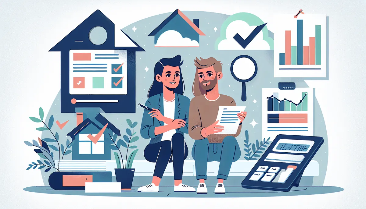 Jeune couple examinant des documents immobiliers avec des graphiques de tendances du marché immobilier québécois en 2026